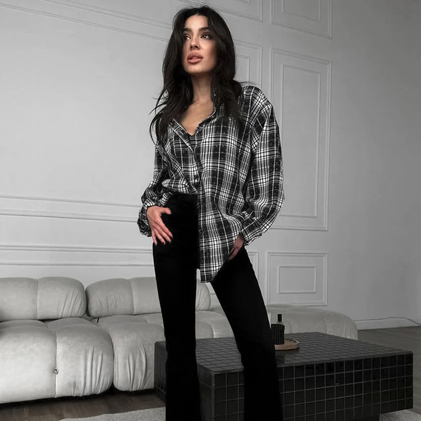 Fall Plaid Long Sleeve Button-Up Shirts Wholesale Womens Clothing N3824090300014