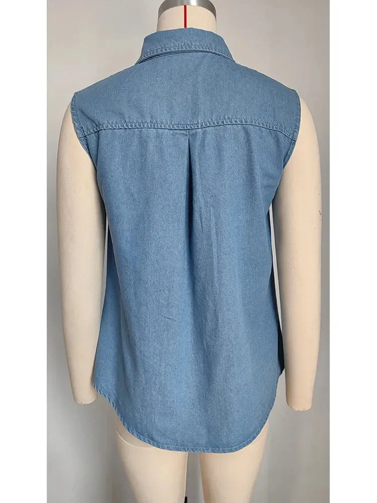 Fashion Washed Female Sleeveless Casual Up Summer Shirts Button Denim Benuynffy New Blouse