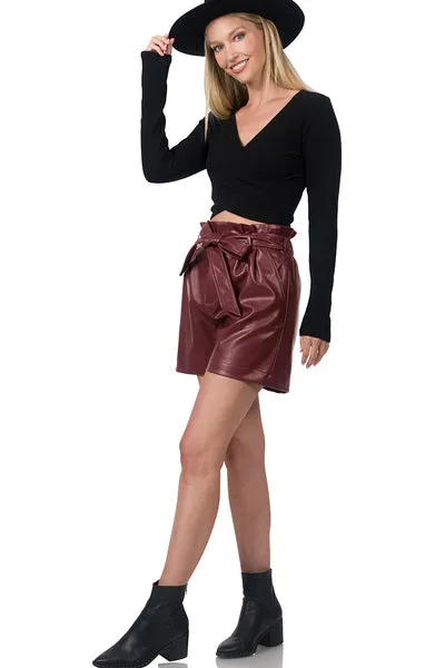 FAUX LEATHER TIE WAIST PAPERBAG SHORTS