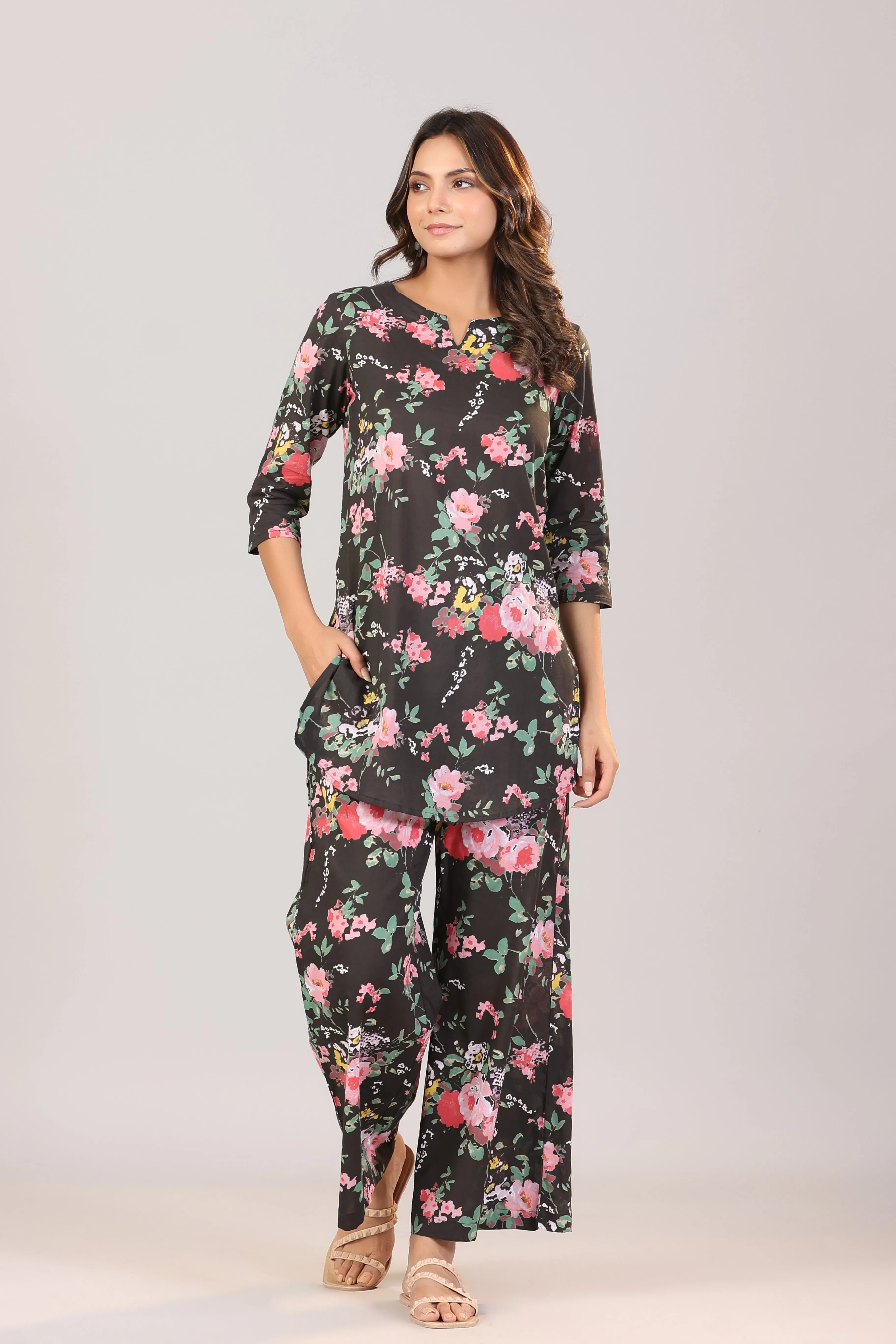 Floral Canopies on Black Cotton Palazzo Loungewear Set