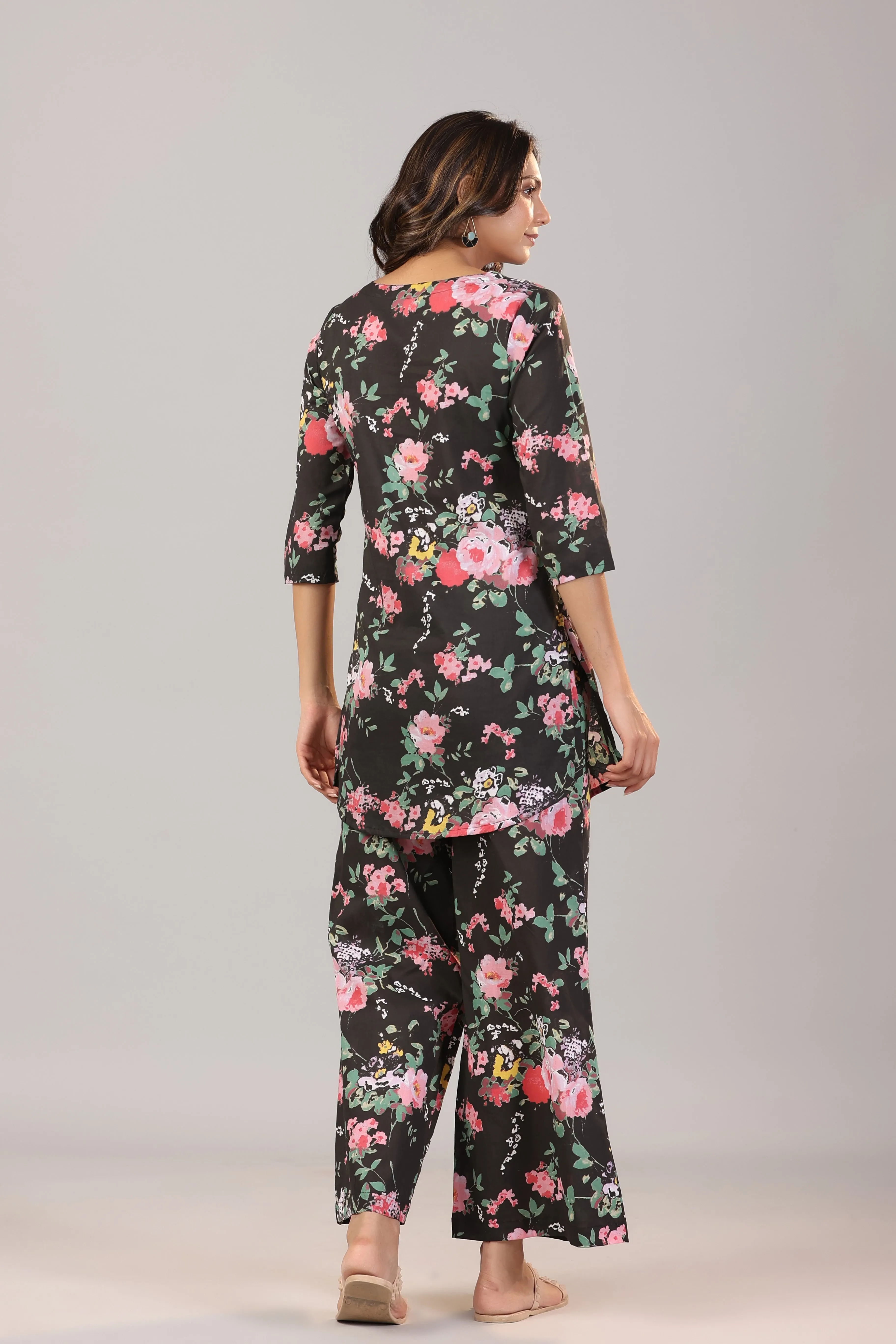 Floral Canopies on Black Cotton Palazzo Loungewear Set