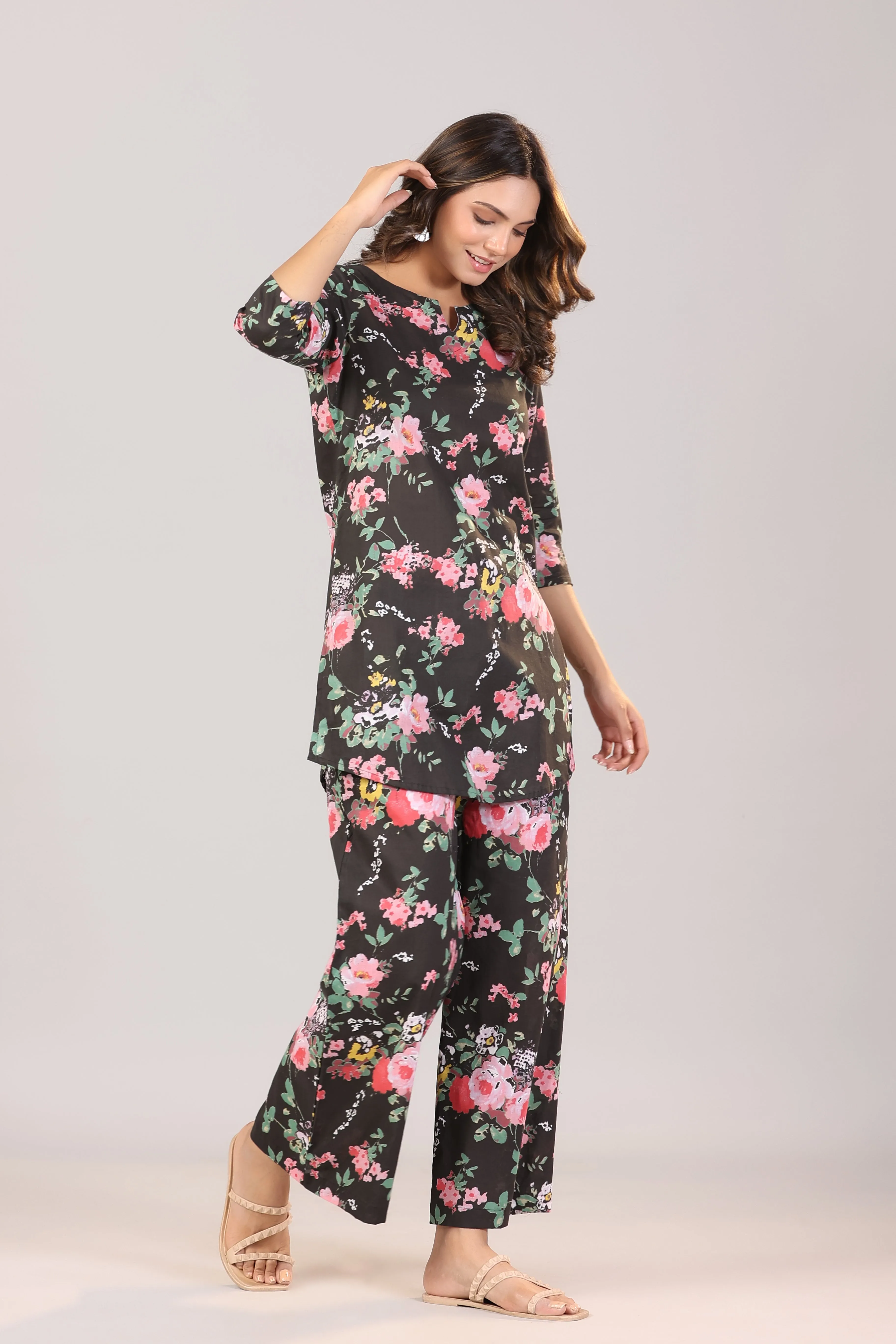 Floral Canopies on Black Cotton Palazzo Loungewear Set