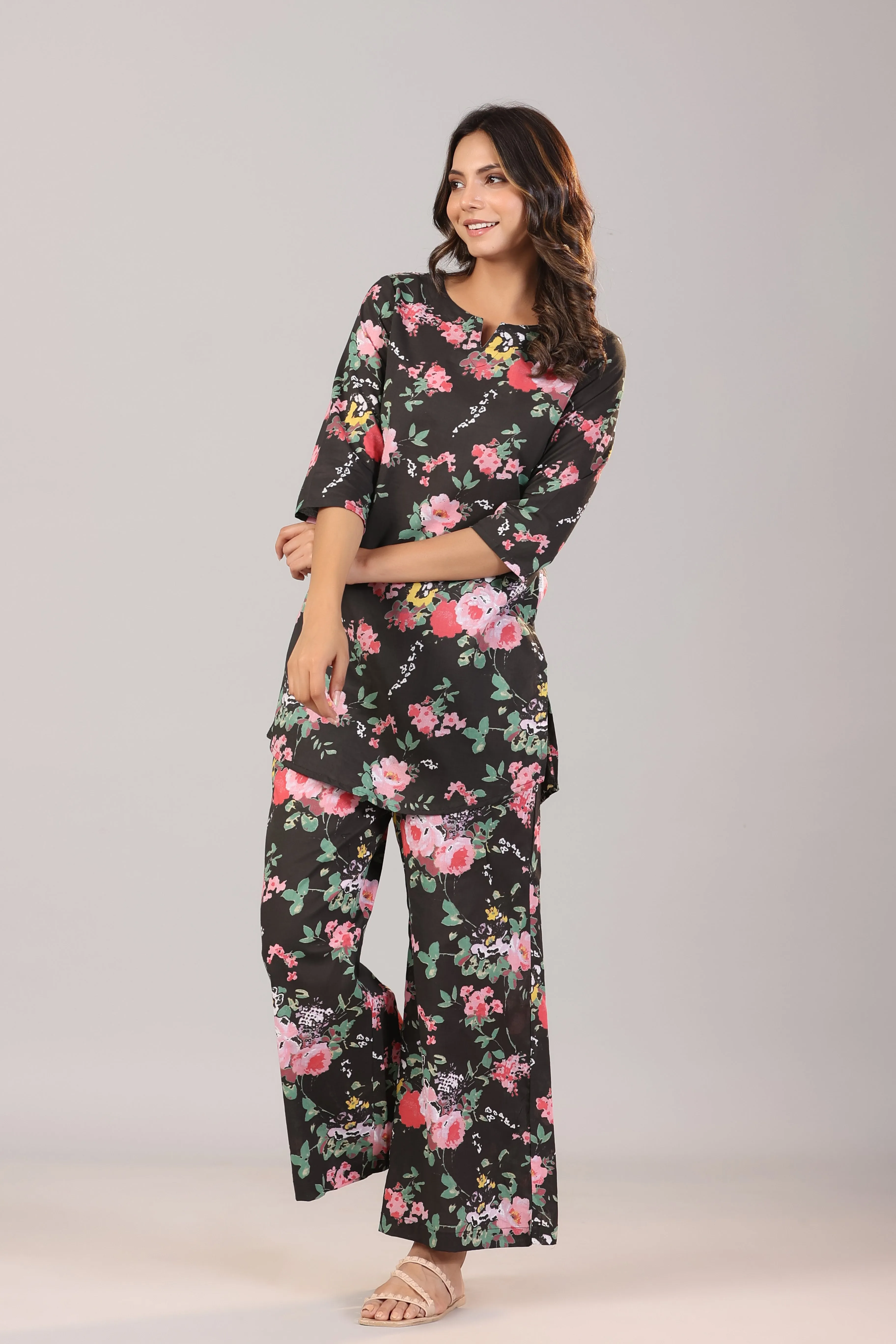 Floral Canopies on Black Cotton Palazzo Loungewear Set