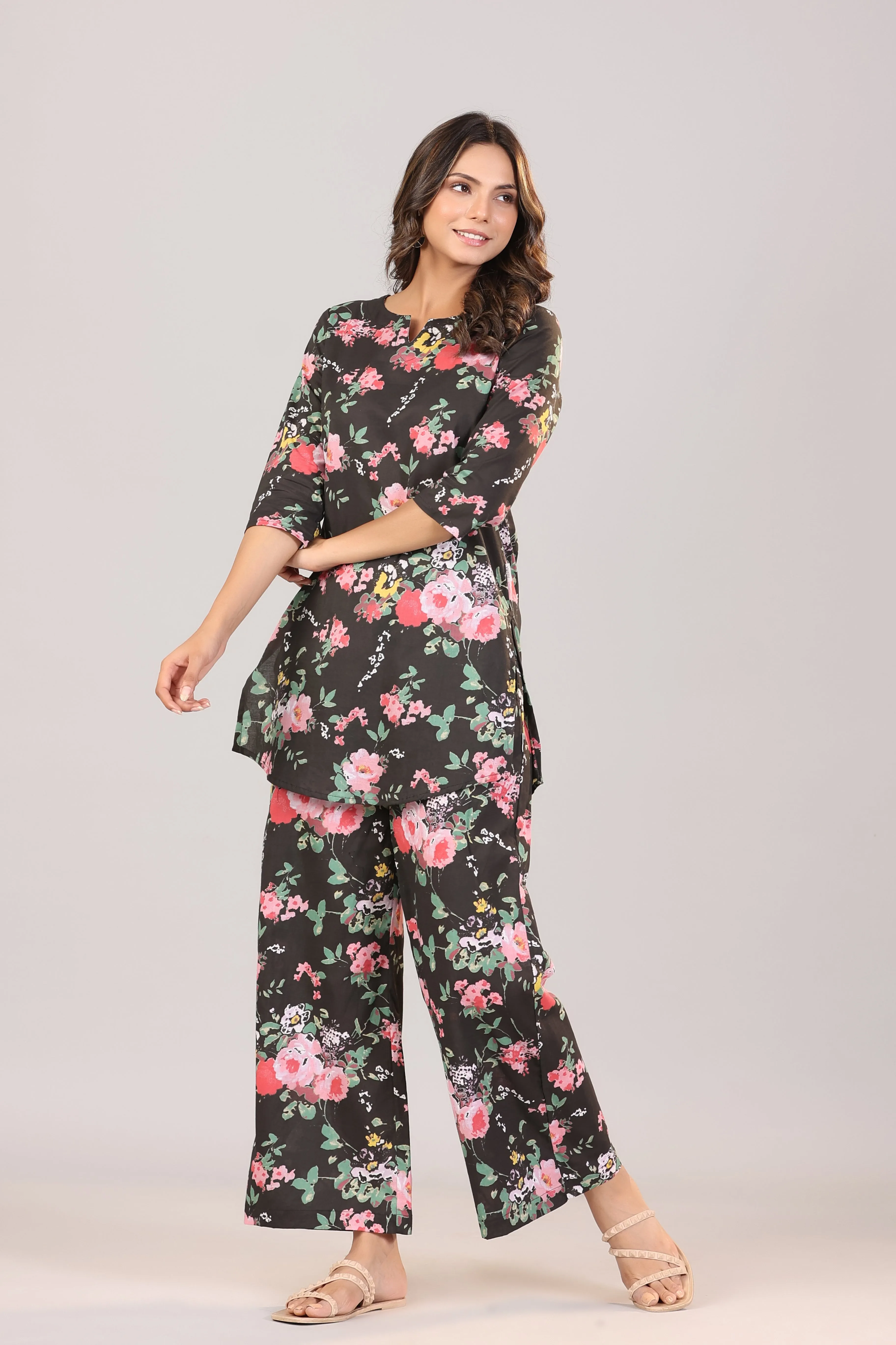 Floral Canopies on Black Cotton Palazzo Loungewear Set