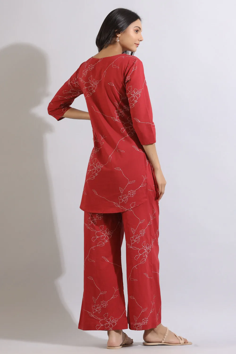 Floral Dots on Maroon Cotton Palazzo Loungewear Set