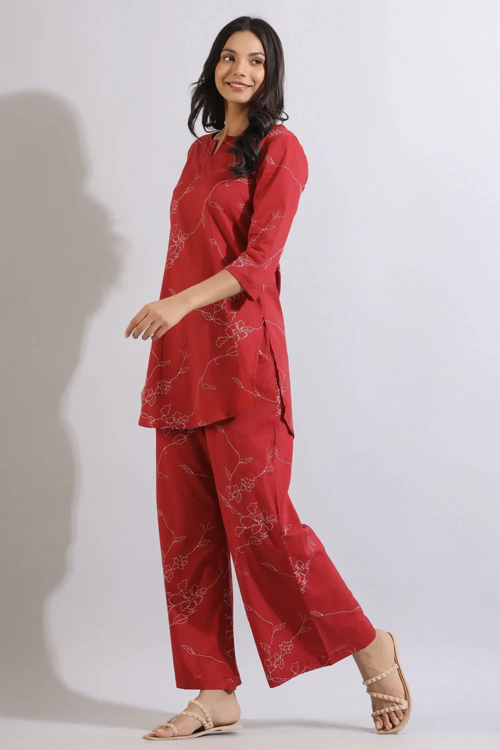 Floral Dots on Maroon Cotton Palazzo Loungewear Set