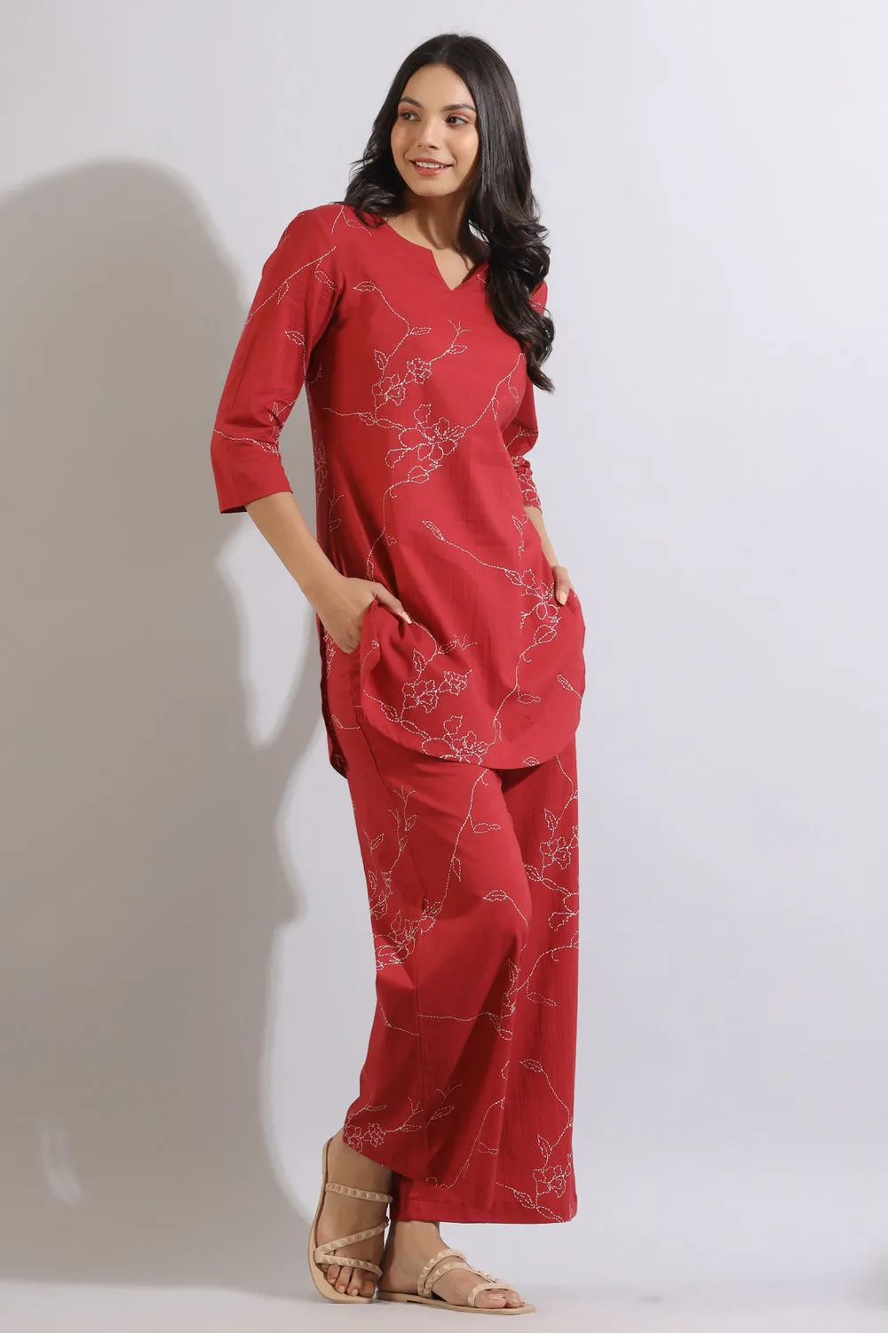 Floral Dots on Maroon Cotton Palazzo Loungewear Set