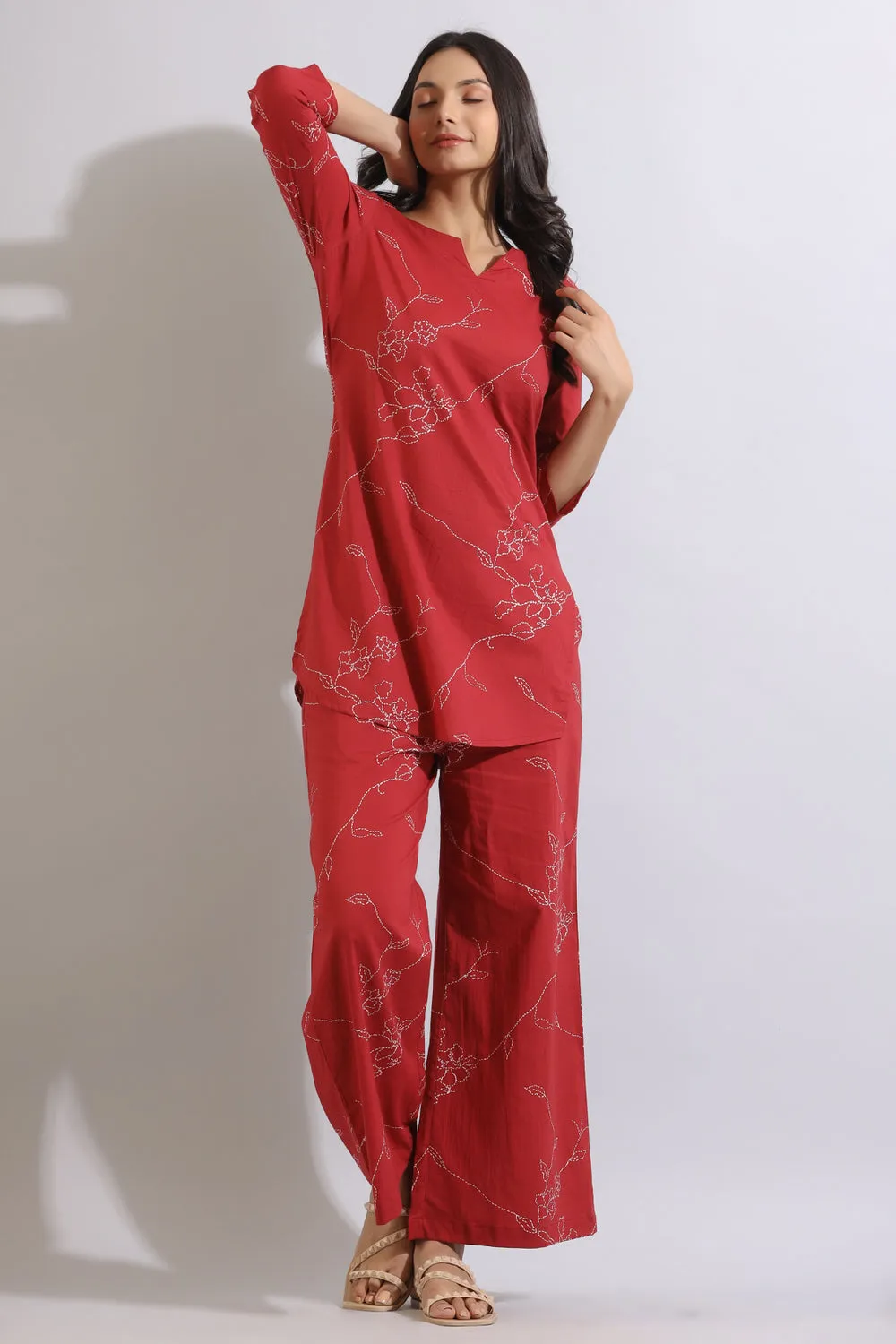 Floral Dots on Maroon Cotton Palazzo Loungewear Set