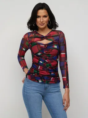 Geometric-Print Cut-Out Ruched Top