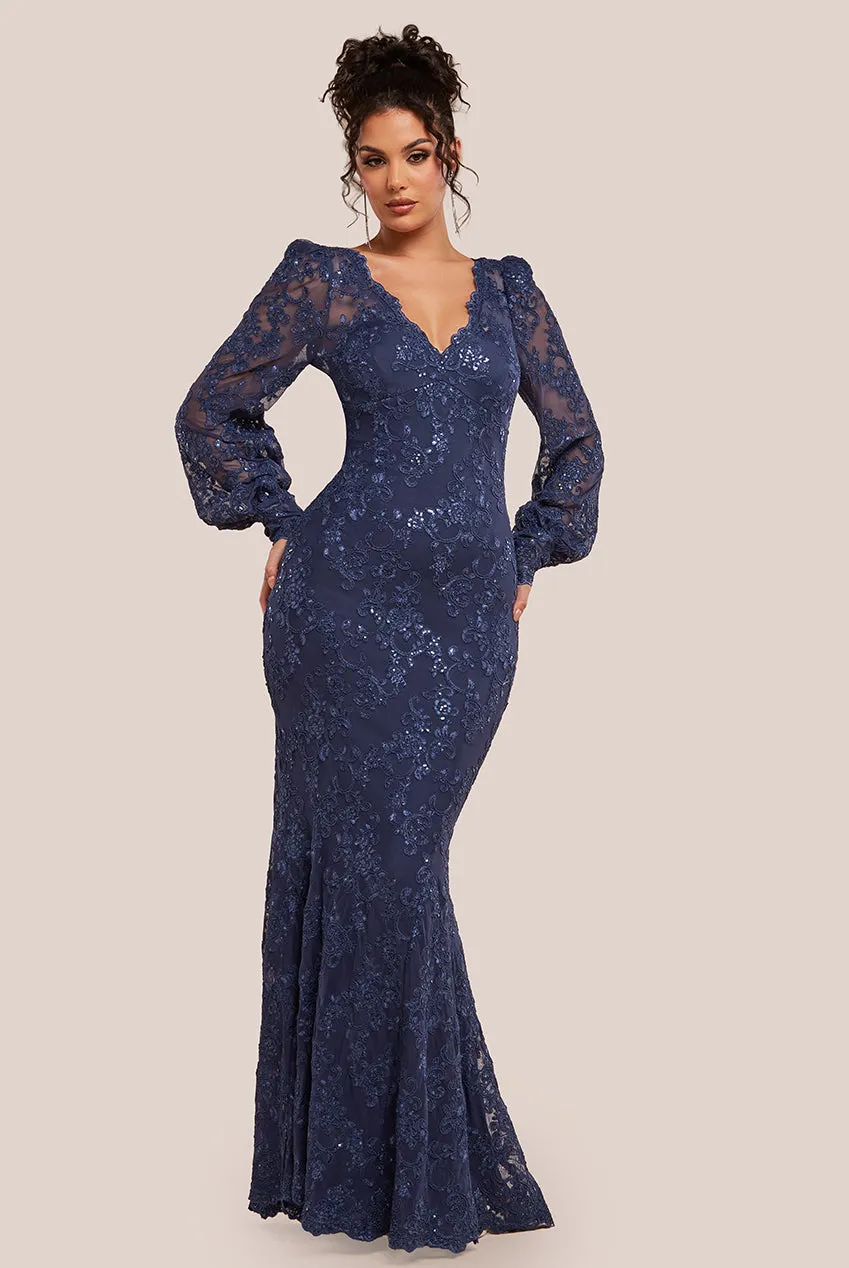 Goddiva Embroidered Lace Scalloped Edge Maxi Dress - Navy Blue