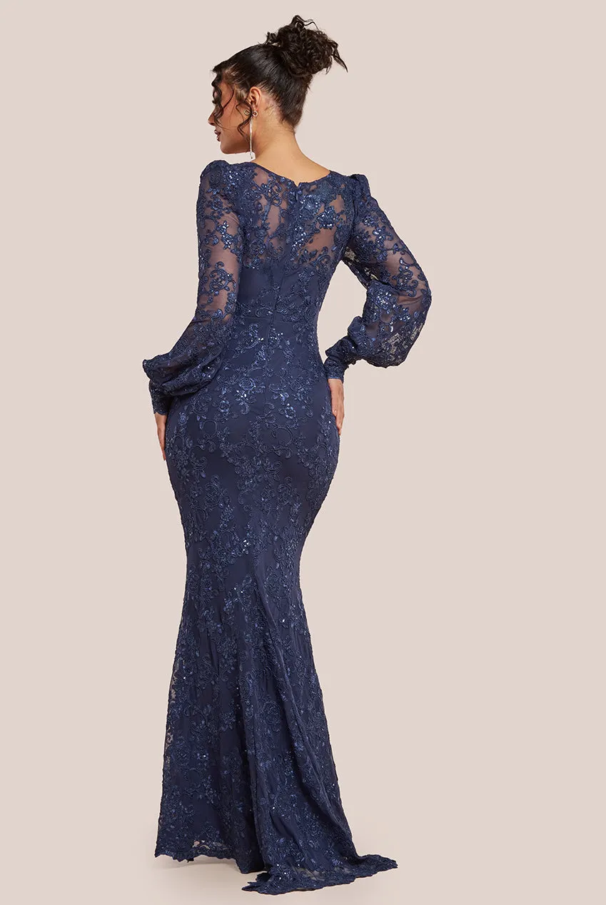 Goddiva Embroidered Lace Scalloped Edge Maxi Dress - Navy Blue