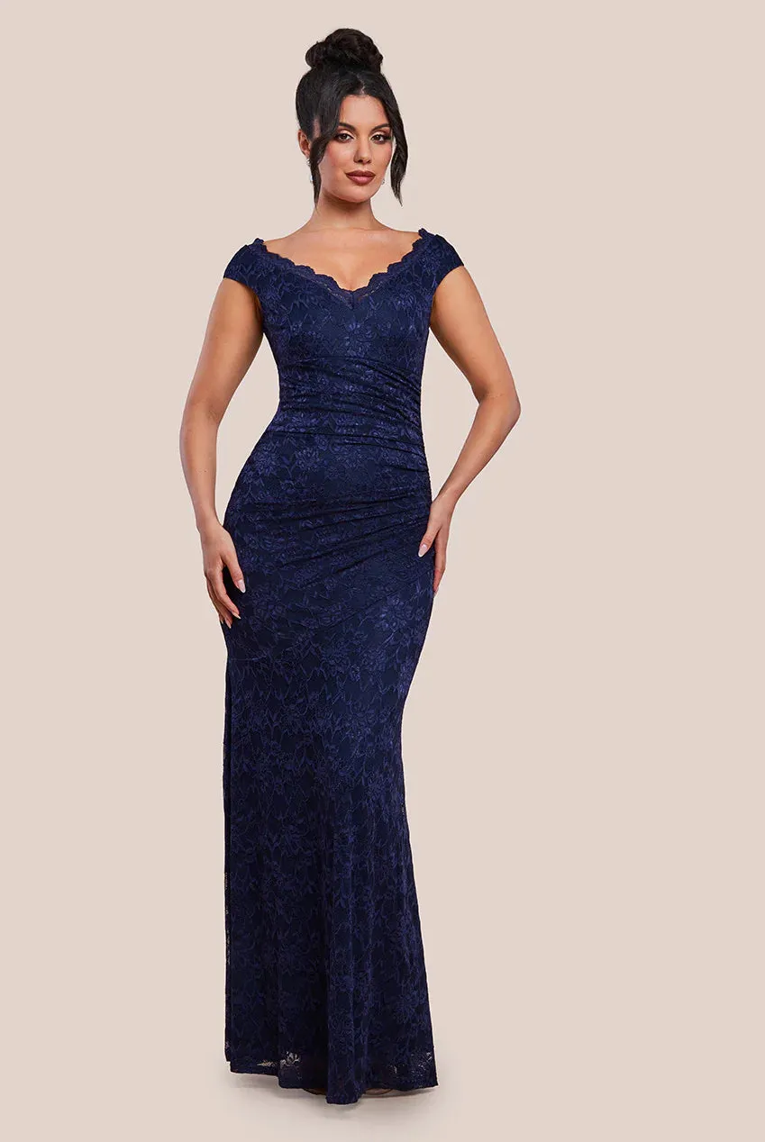 Goddiva Off The Shoulder Scalloped Neck Maxi Dress - Navy Blue