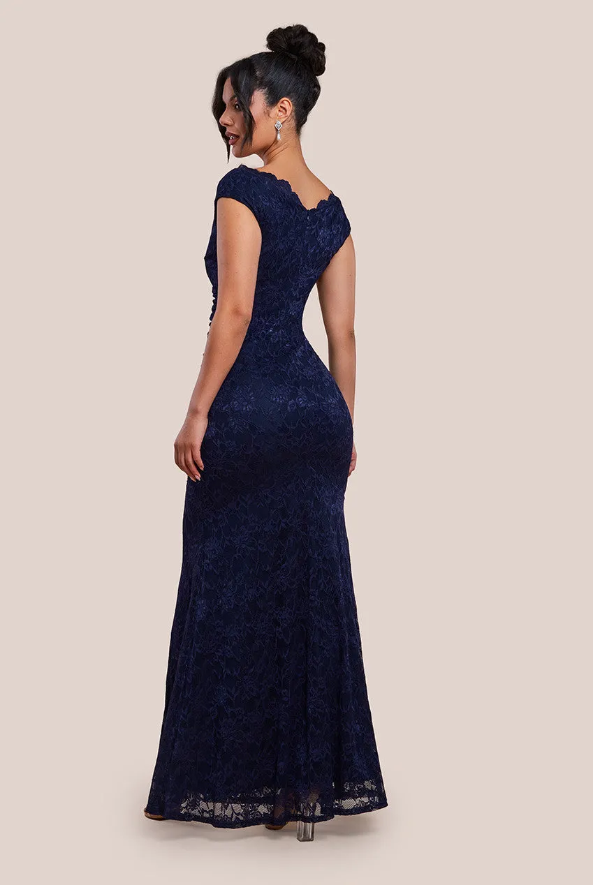 Goddiva Off The Shoulder Scalloped Neck Maxi Dress - Navy Blue