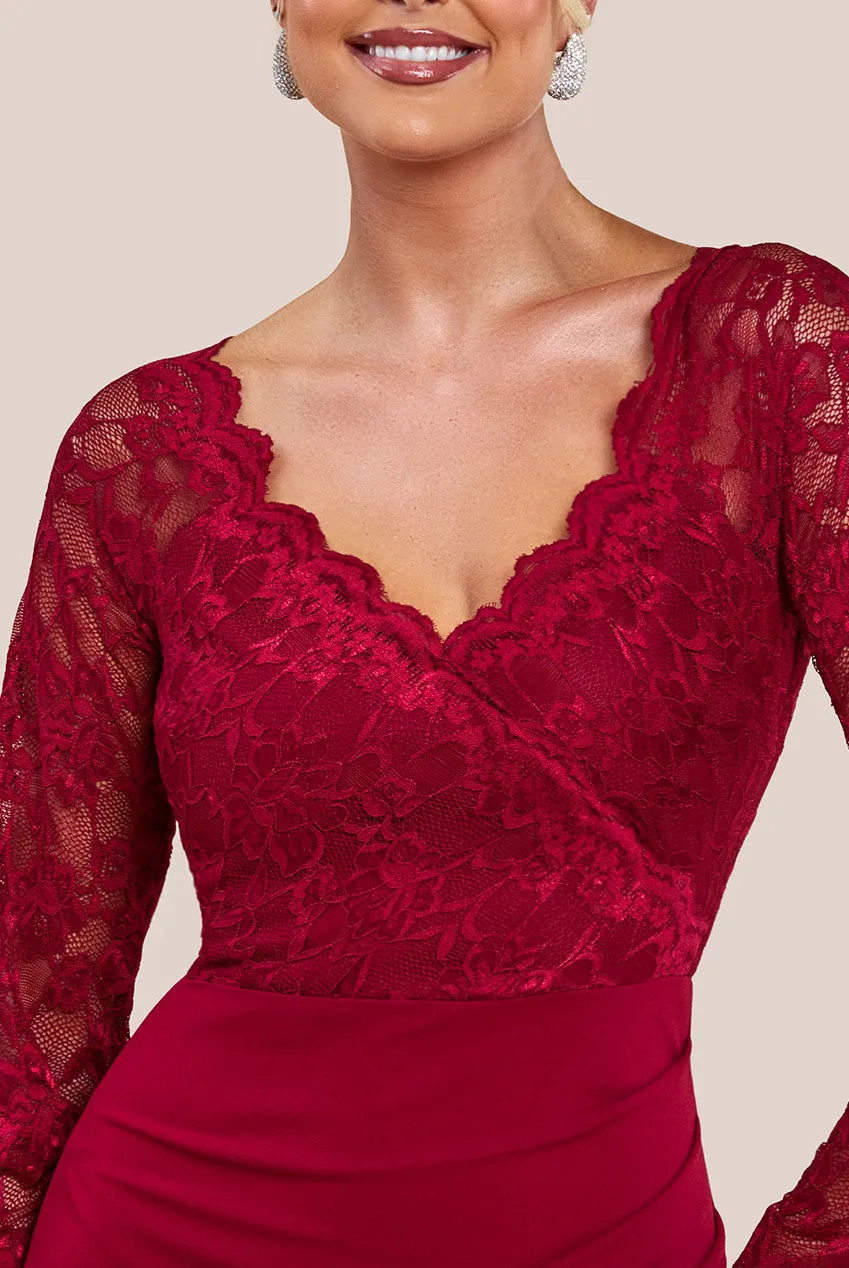 Goddiva Scalloped Lace & Scuba Maxi Dress - Wine