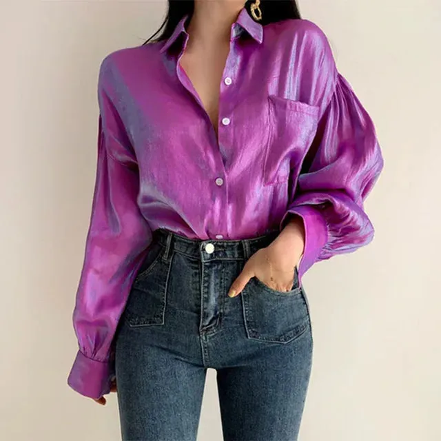 Gradient Color Puff Sleeve Blouse (Purple/Blue)