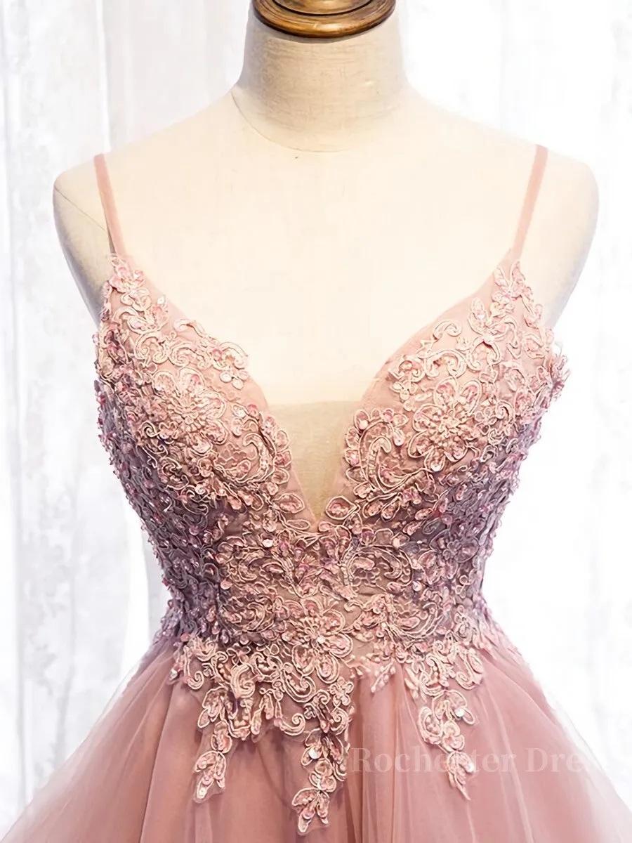 High Low Pink Lace Prom Dresses, Pink High Low Formal Graduation Homecoming Dresses