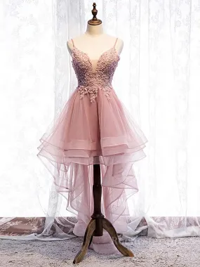 High Low Pink Lace Prom Dresses, Pink High Low Formal Graduation Homecoming Dresses