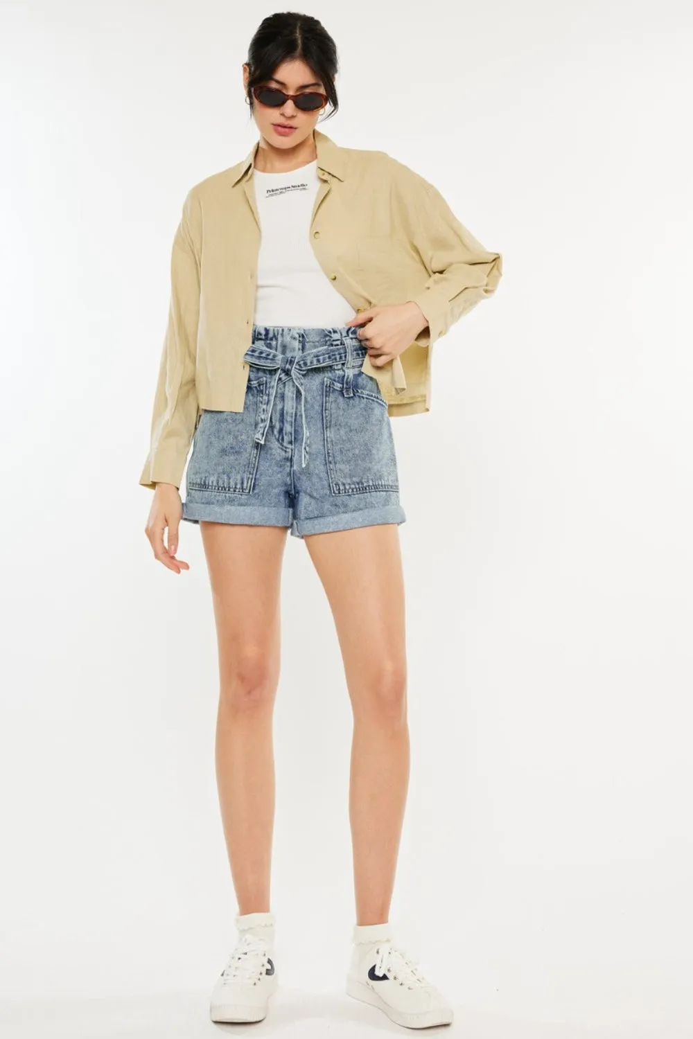 Kancan Ultra High Waisted Blue Denim Paper Bag Style Jean Shorts