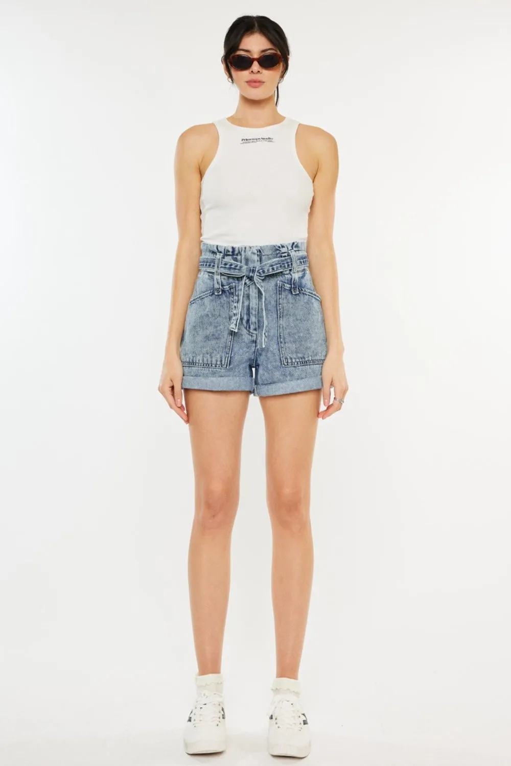 Kancan Ultra High Waisted Blue Denim Paper Bag Style Jean Shorts