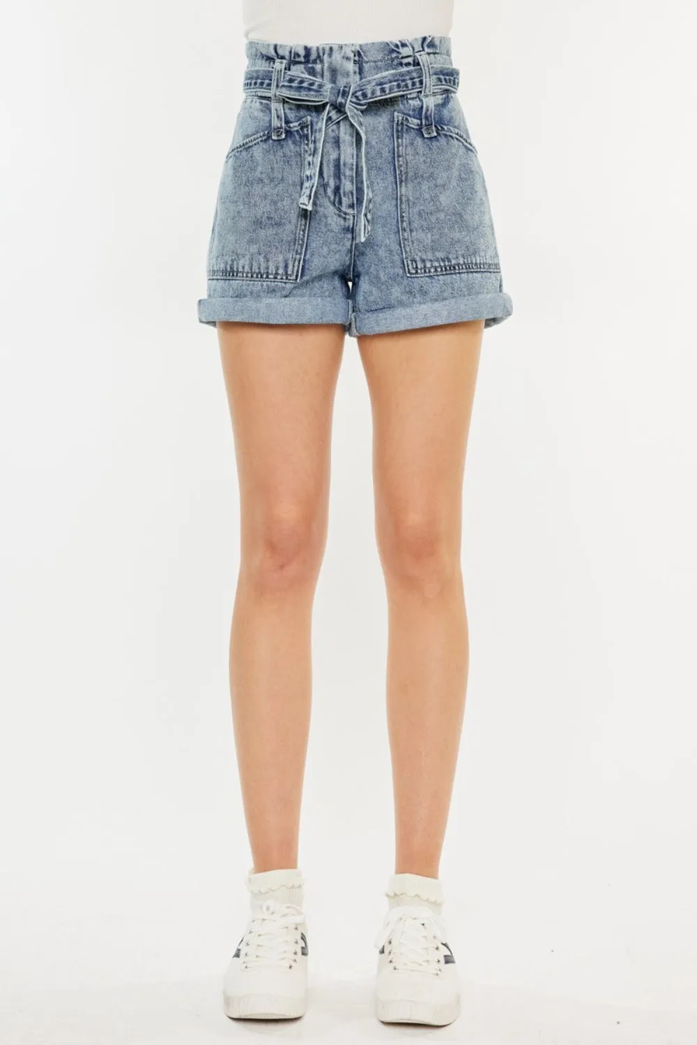 Kancan Ultra High Waisted Blue Denim Paper Bag Style Jean Shorts