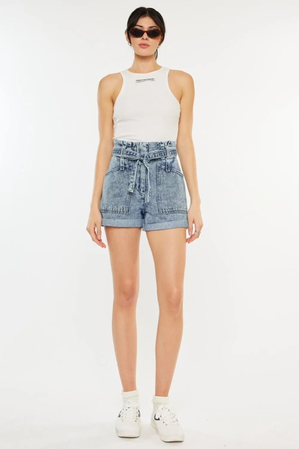 Kancan Ultra High Waisted Blue Denim Paper Bag Style Jean Shorts