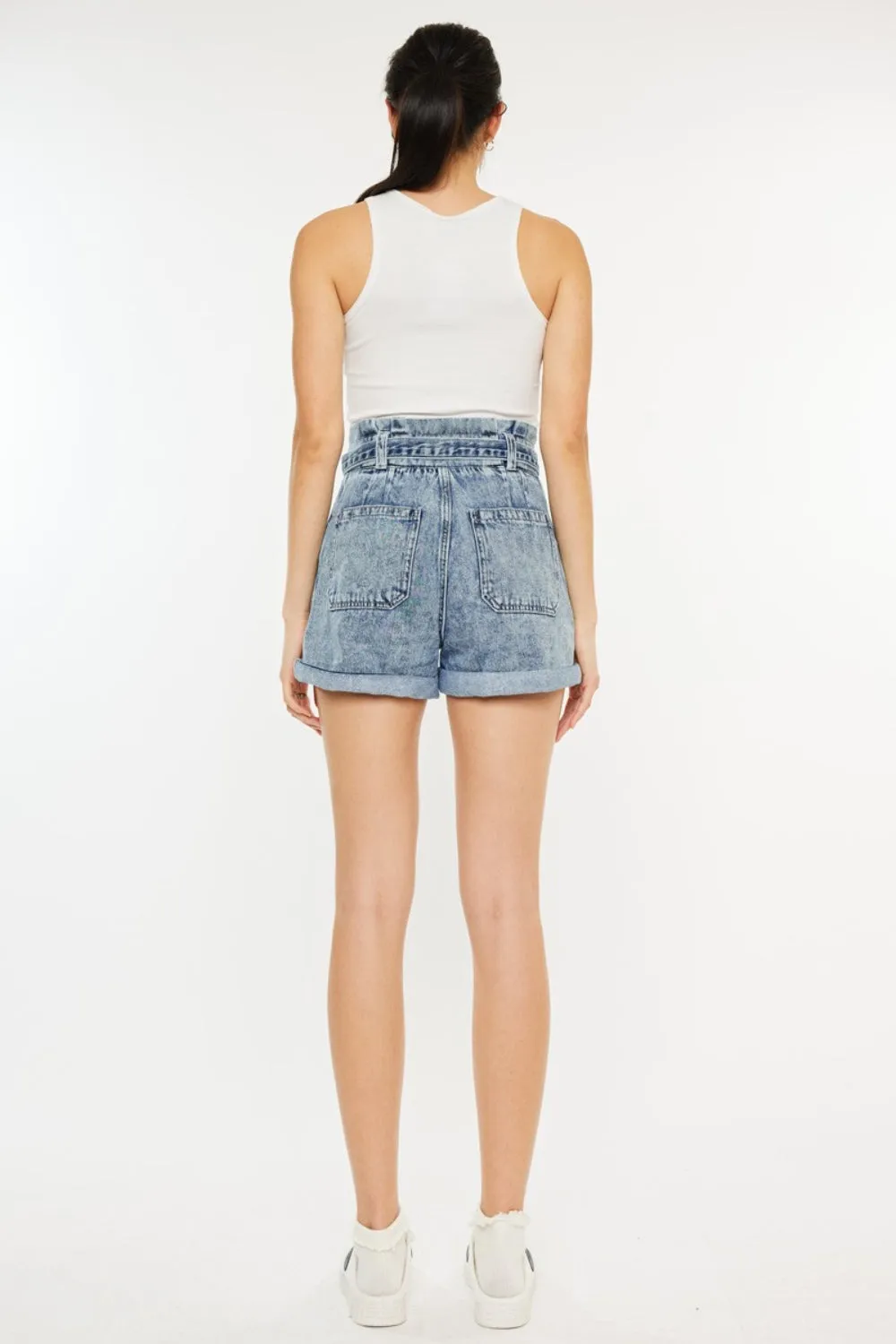 Kancan Ultra High Waisted Blue Denim Paper Bag Style Jean Shorts