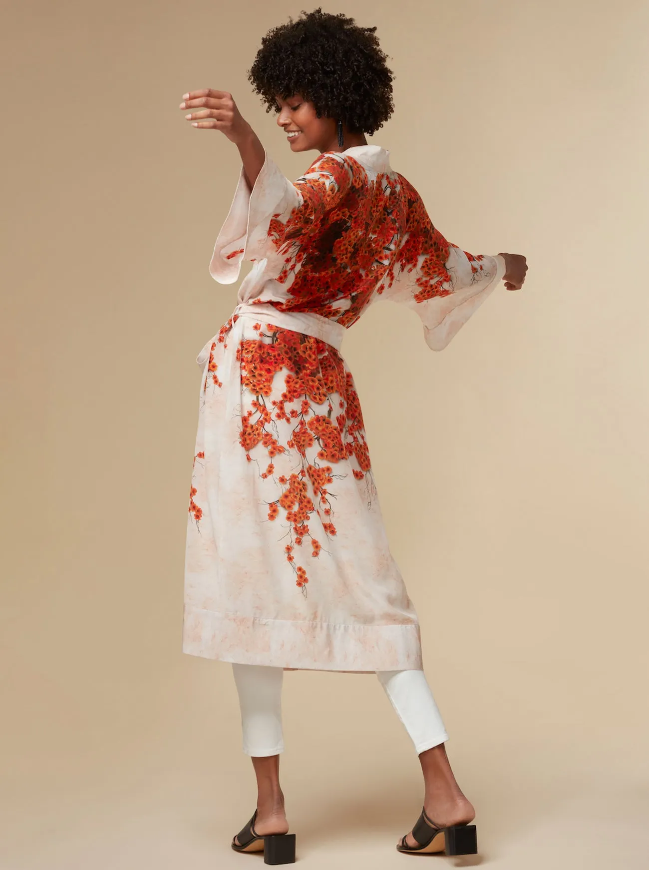 KAYLL Alice Silk Kimono Robe Orange Print