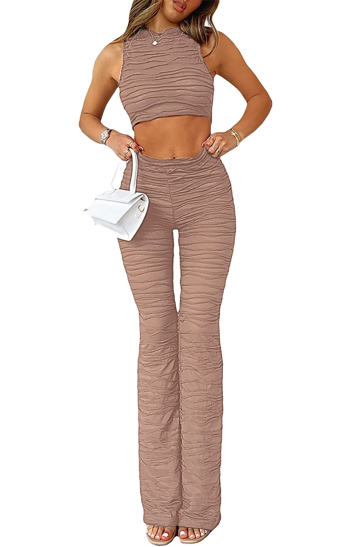 Knitted Striped See-Through Vests & Trousers Sexy Suits Wholesale Women'S 2 Piece Sets