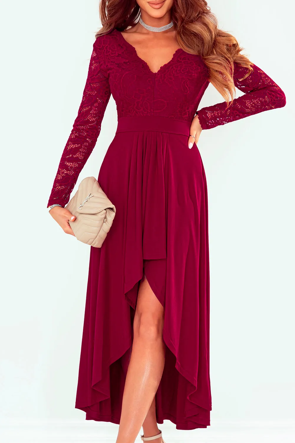 Lace High-Low V-Neck Dress