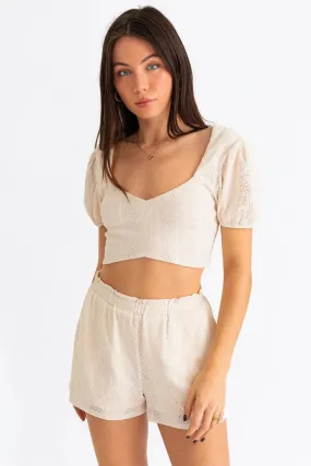 Lace Puff Sleeve Crop Top & Paperbag Shorts Set