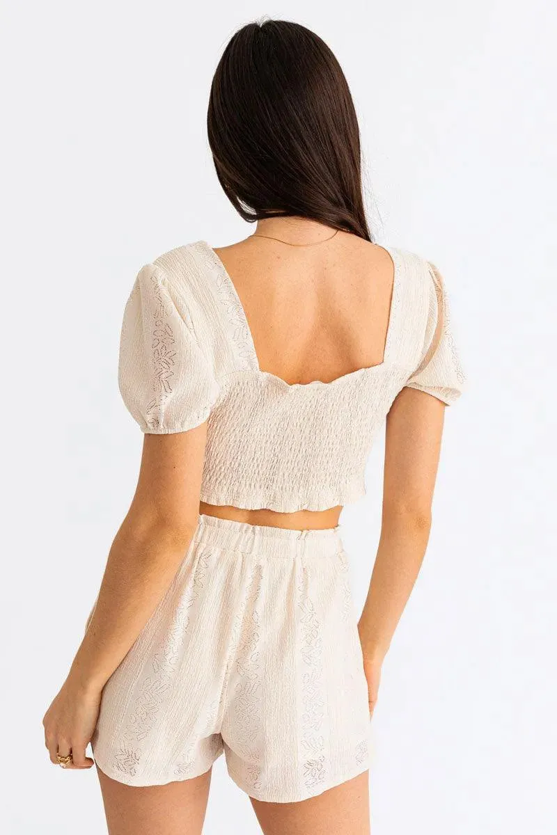 Lace Puff Sleeve Crop Top & Paperbag Shorts Set