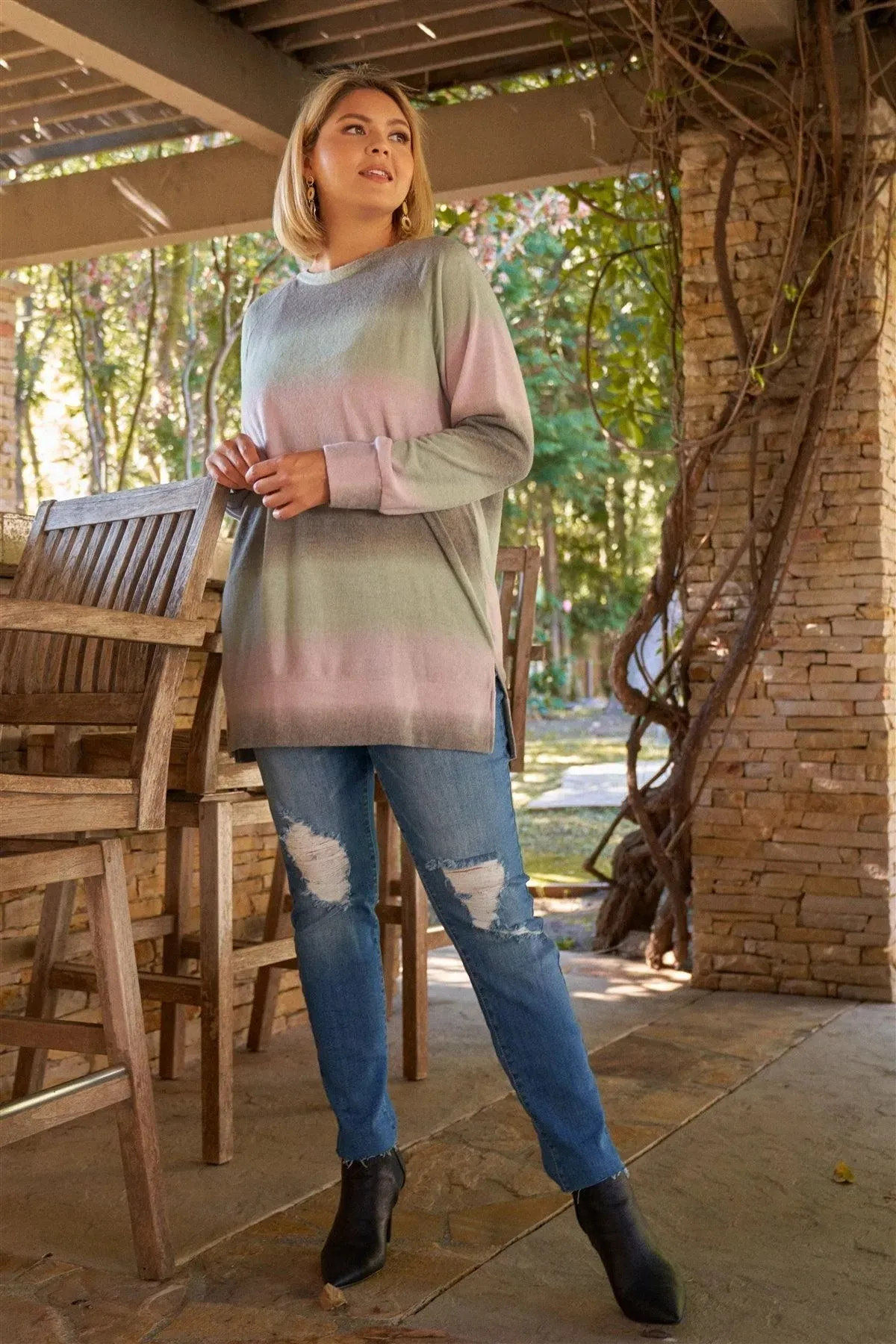 Lavender Grey Green Gradient Crew Neck Long Sleeve Side Slit Long Top /3-2-1