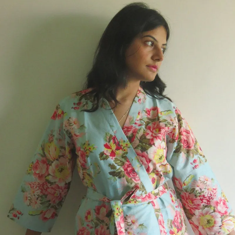 Light Blue Floral Knee Length, Kimono Crossover Belted Robe