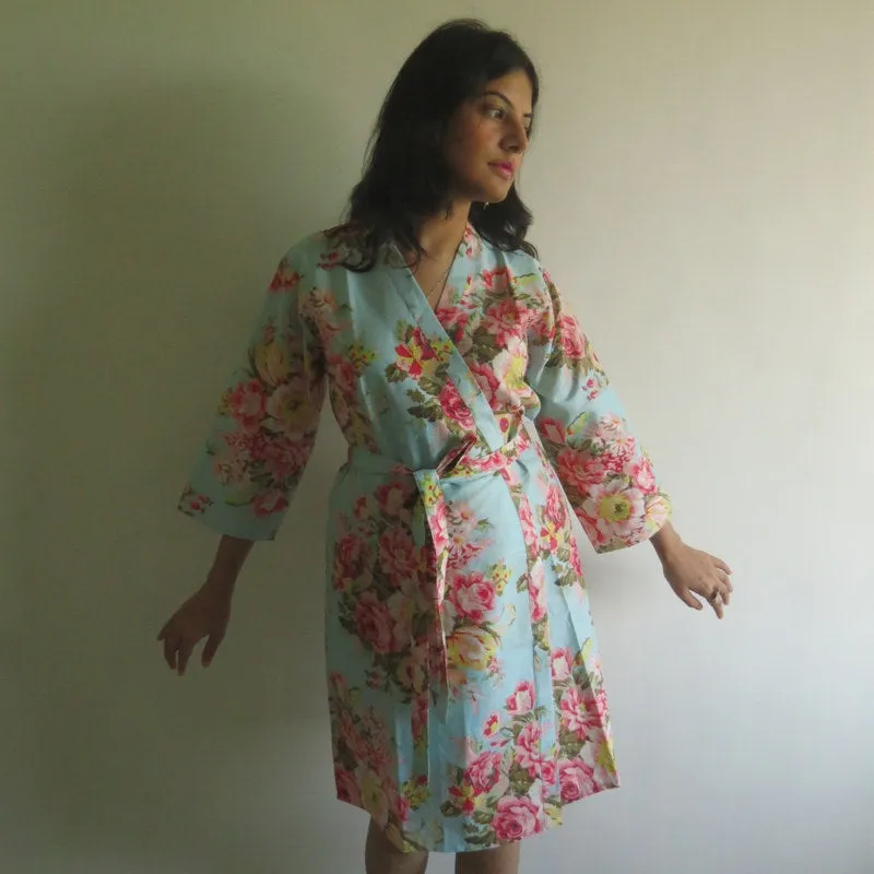 Light Blue Floral Knee Length, Kimono Crossover Belted Robe