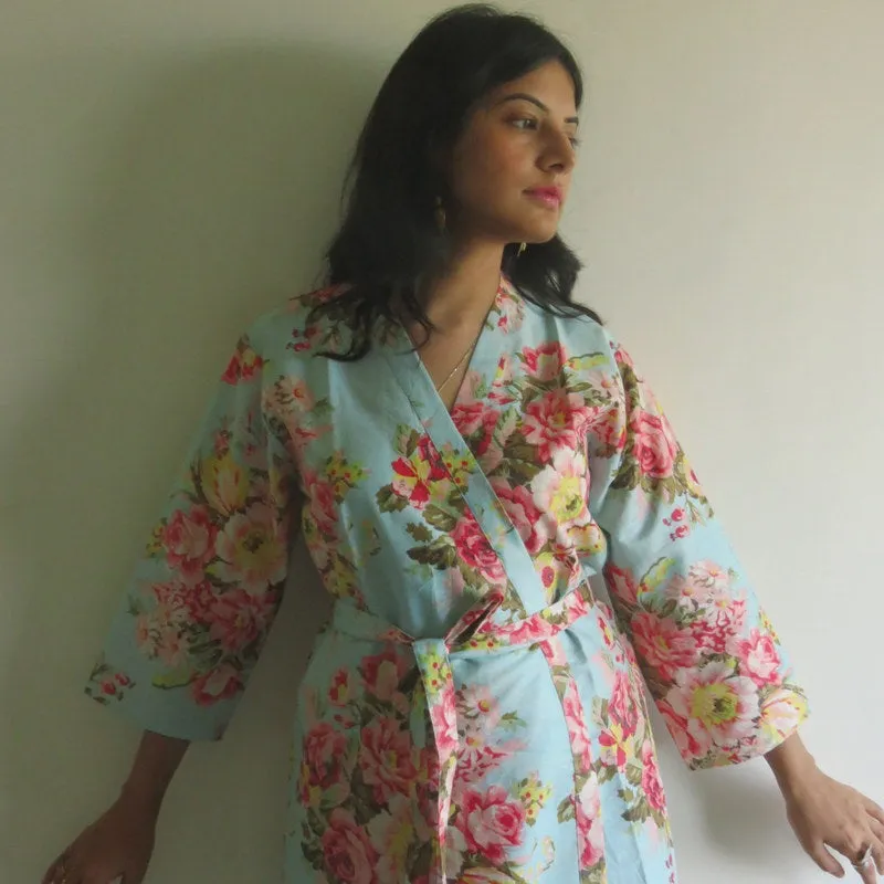 Light Blue Floral Knee Length, Kimono Crossover Belted Robe