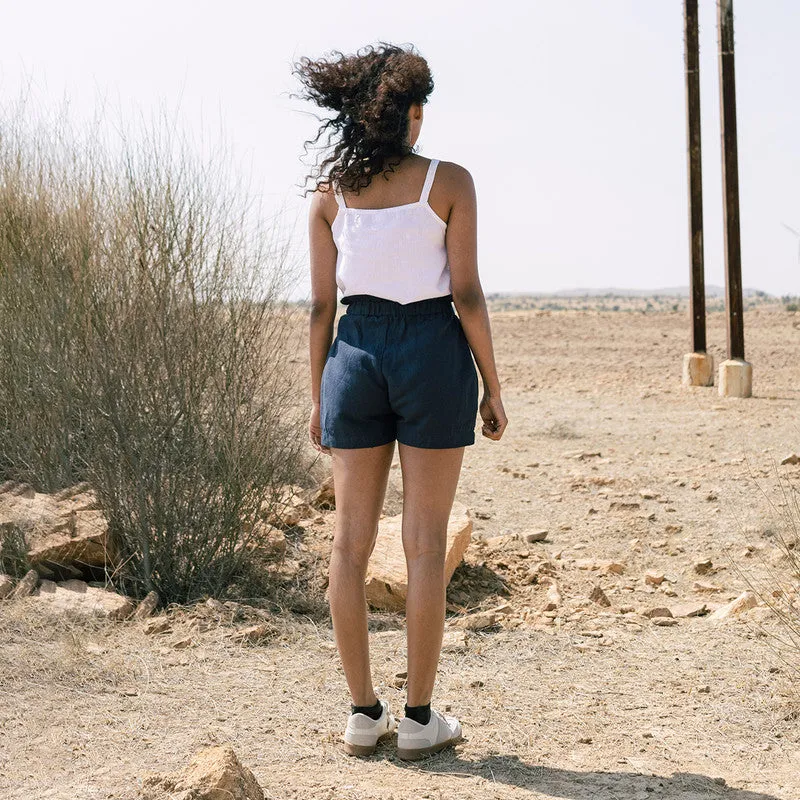 Linen High Waist Shorts | Navy Blue