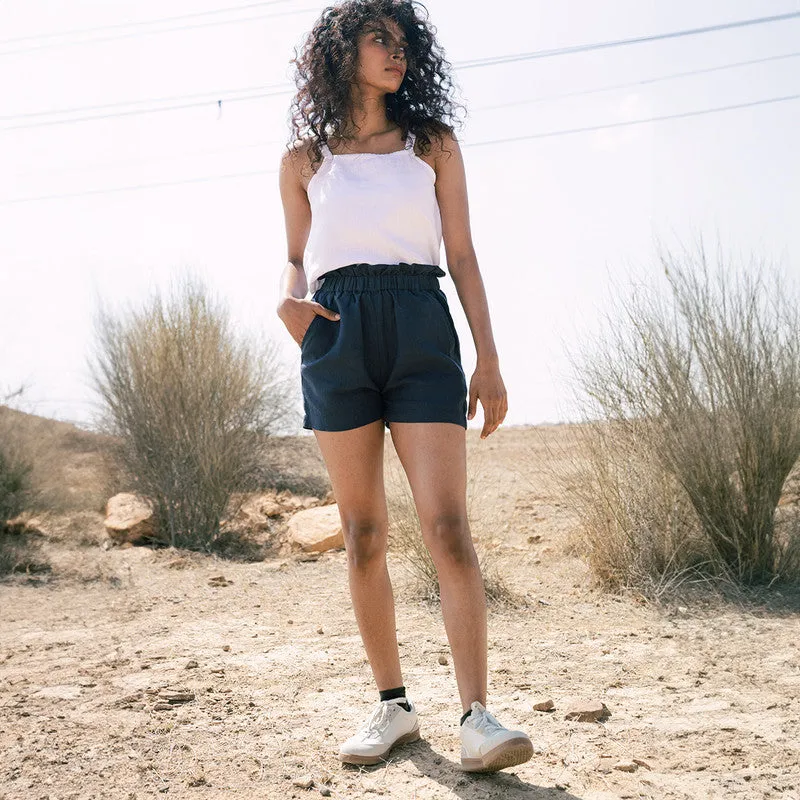 Linen High Waist Shorts | Navy Blue