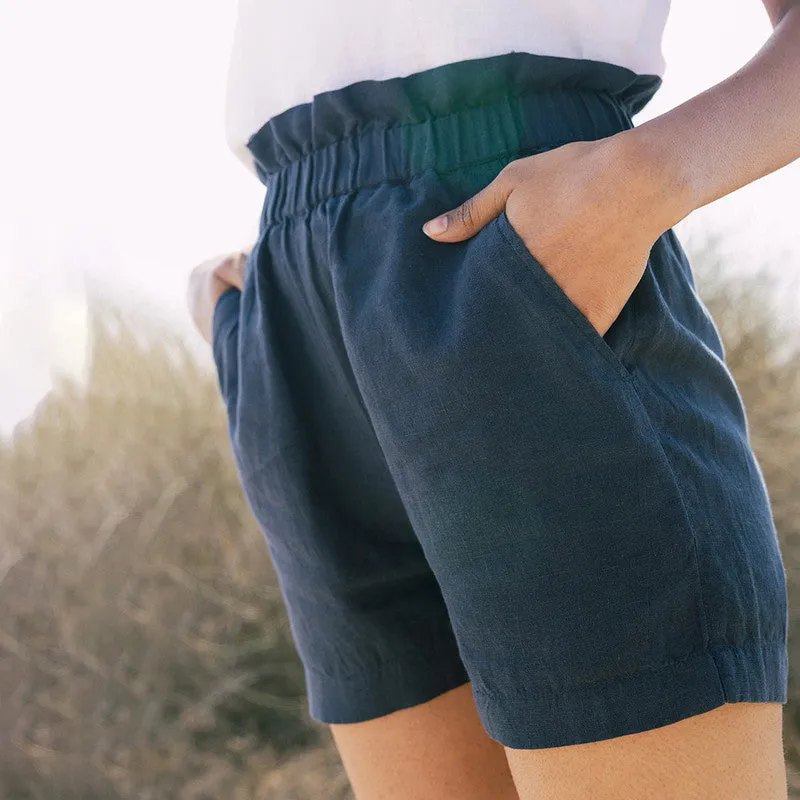 Linen High Waist Shorts | Navy Blue