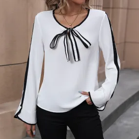 Long Sleeve Pullover Bow Color Block Round Neck Shirts Wholesale Womens Clothing N3824112000016