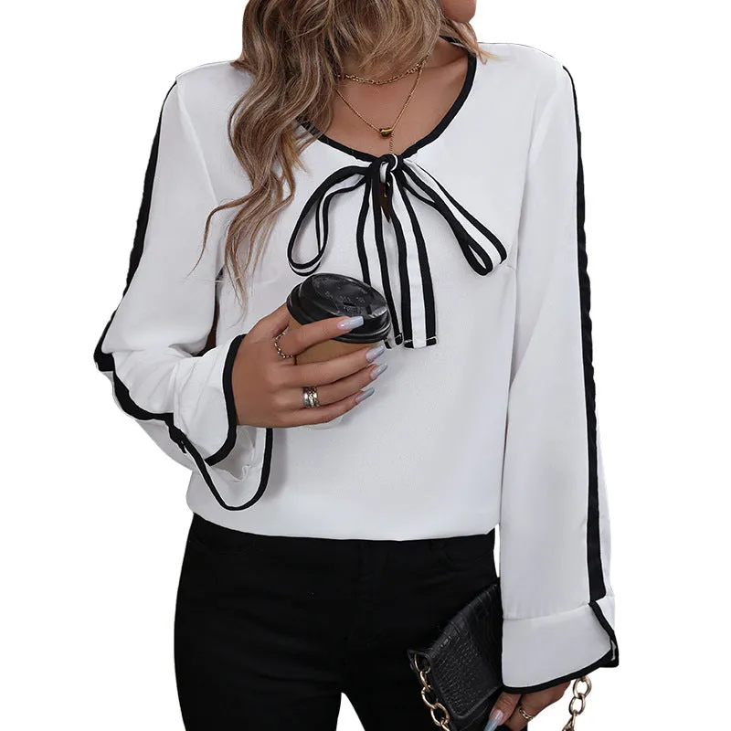 Long Sleeve Pullover Bow Color Block Round Neck Shirts Wholesale Womens Clothing N3824112000016