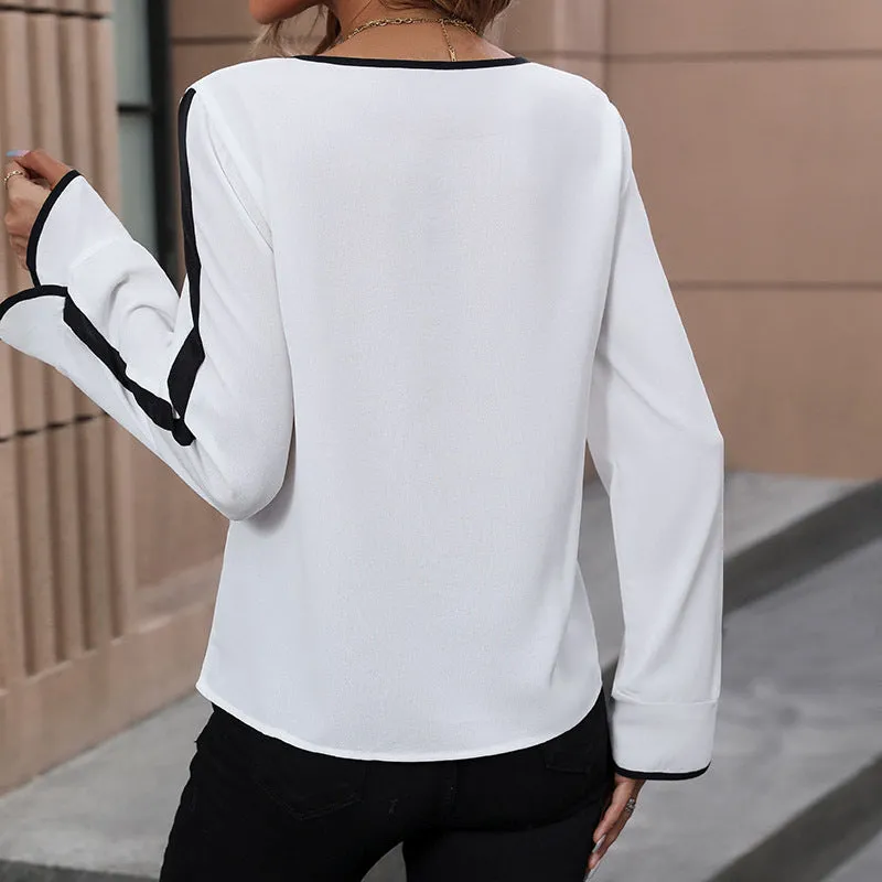 Long Sleeve Pullover Bow Color Block Round Neck Shirts Wholesale Womens Clothing N3824112000016