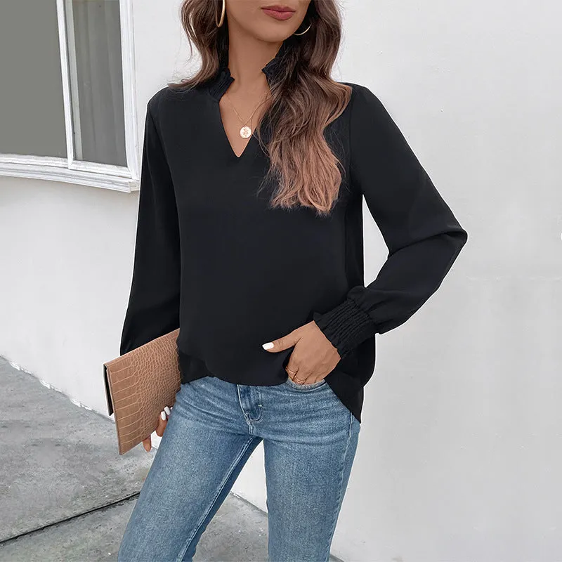 Long Sleeve Solid Color Pullover Black Shirts Wholesale Womens Clothing N3824082900015