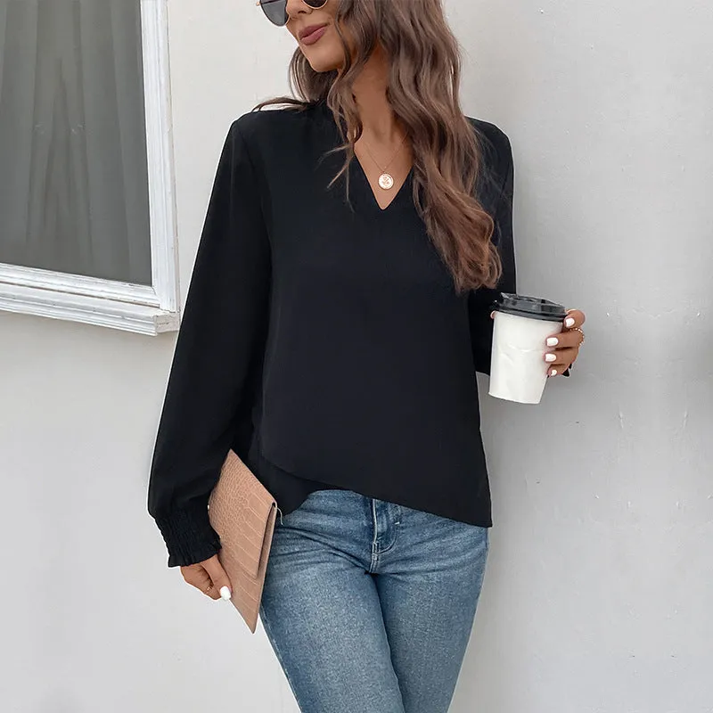 Long Sleeve Solid Color Pullover Black Shirts Wholesale Womens Clothing N3824082900015