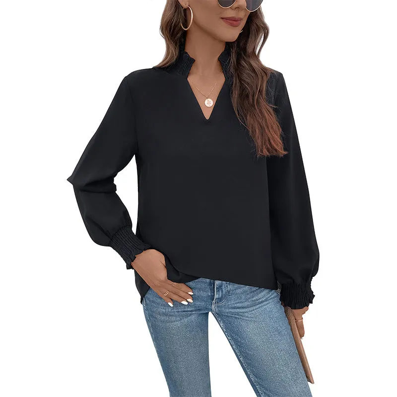 Long Sleeve Solid Color Pullover Black Shirts Wholesale Womens Clothing N3824082900015