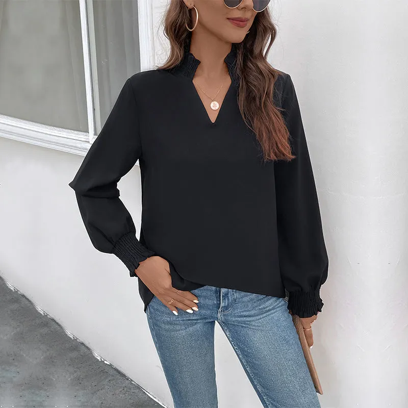 Long Sleeve Solid Color Pullover Black Shirts Wholesale Womens Clothing N3824082900015