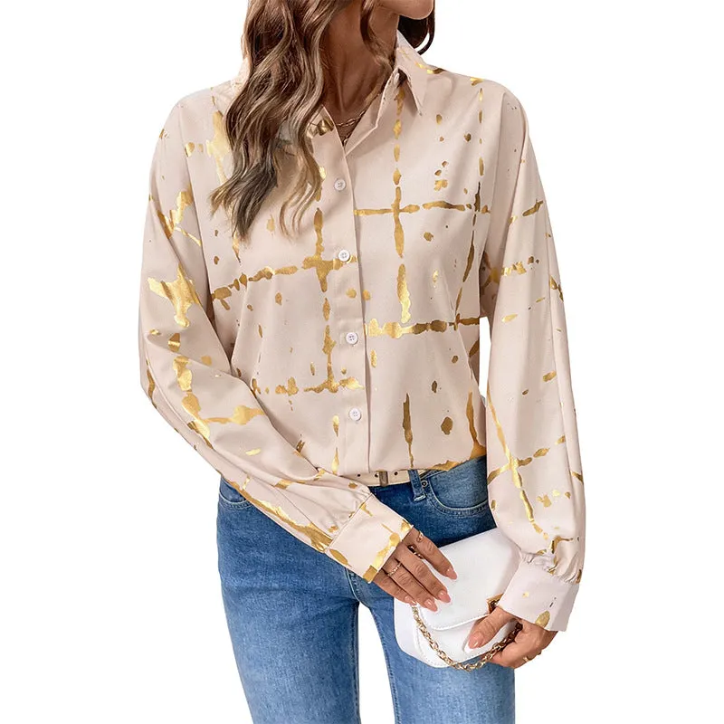 Long-Sleeved Lapel Geometric Pattern Gold-Stamped Shirts Wholesale Womens Clothing N3824112000031