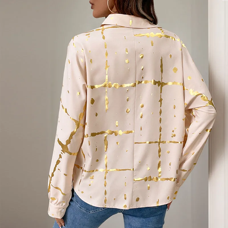 Long-Sleeved Lapel Geometric Pattern Gold-Stamped Shirts Wholesale Womens Clothing N3824112000031