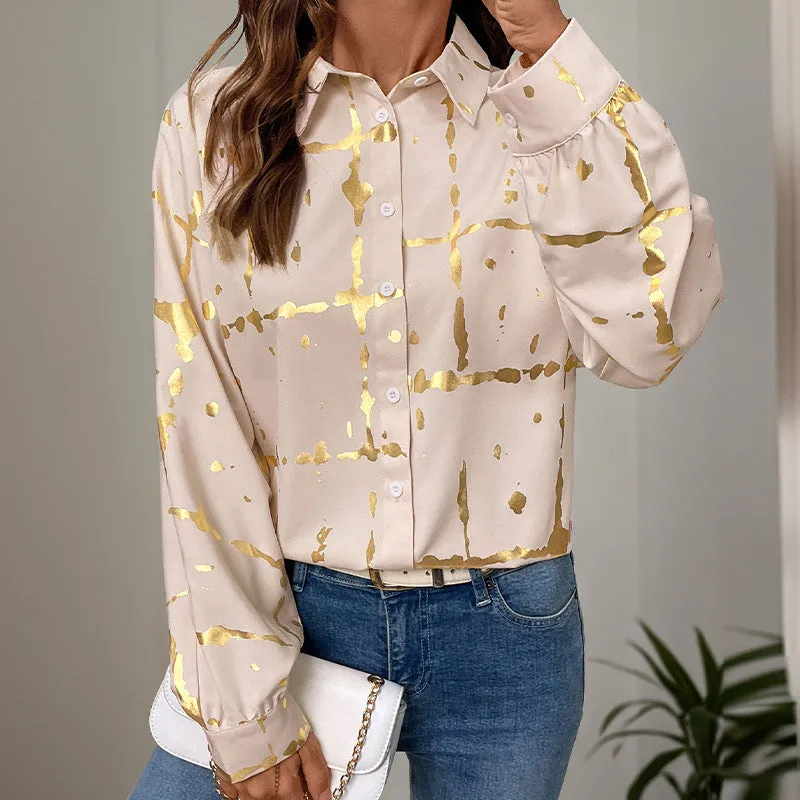 Long-Sleeved Lapel Geometric Pattern Gold-Stamped Shirts Wholesale Womens Clothing N3824112000031