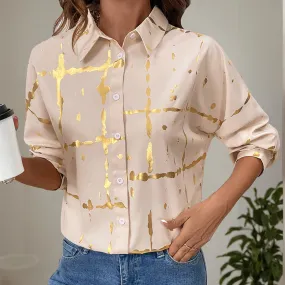 Long-Sleeved Lapel Geometric Pattern Gold-Stamped Shirts Wholesale Womens Clothing N3824112000031