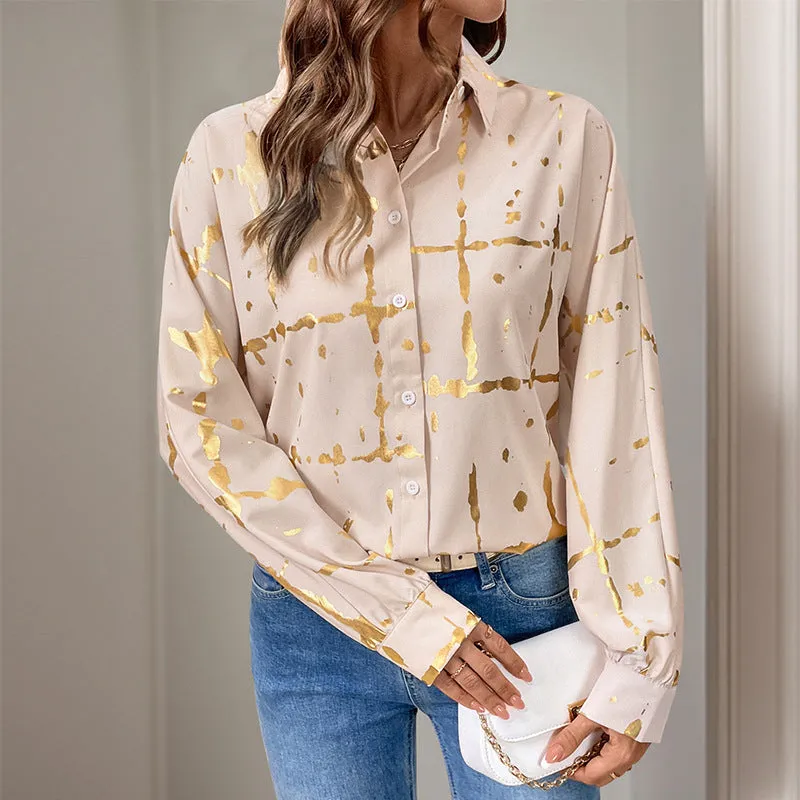 Long-Sleeved Lapel Geometric Pattern Gold-Stamped Shirts Wholesale Womens Clothing N3824112000031